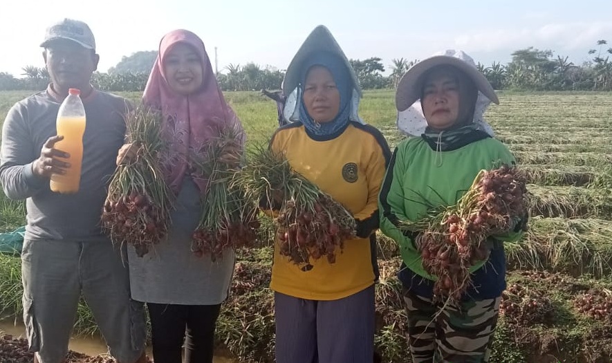 Caleg DPR RI Jateng IX, Siti Aisah, berpose bersama dengan petani bawang di Brebes. 