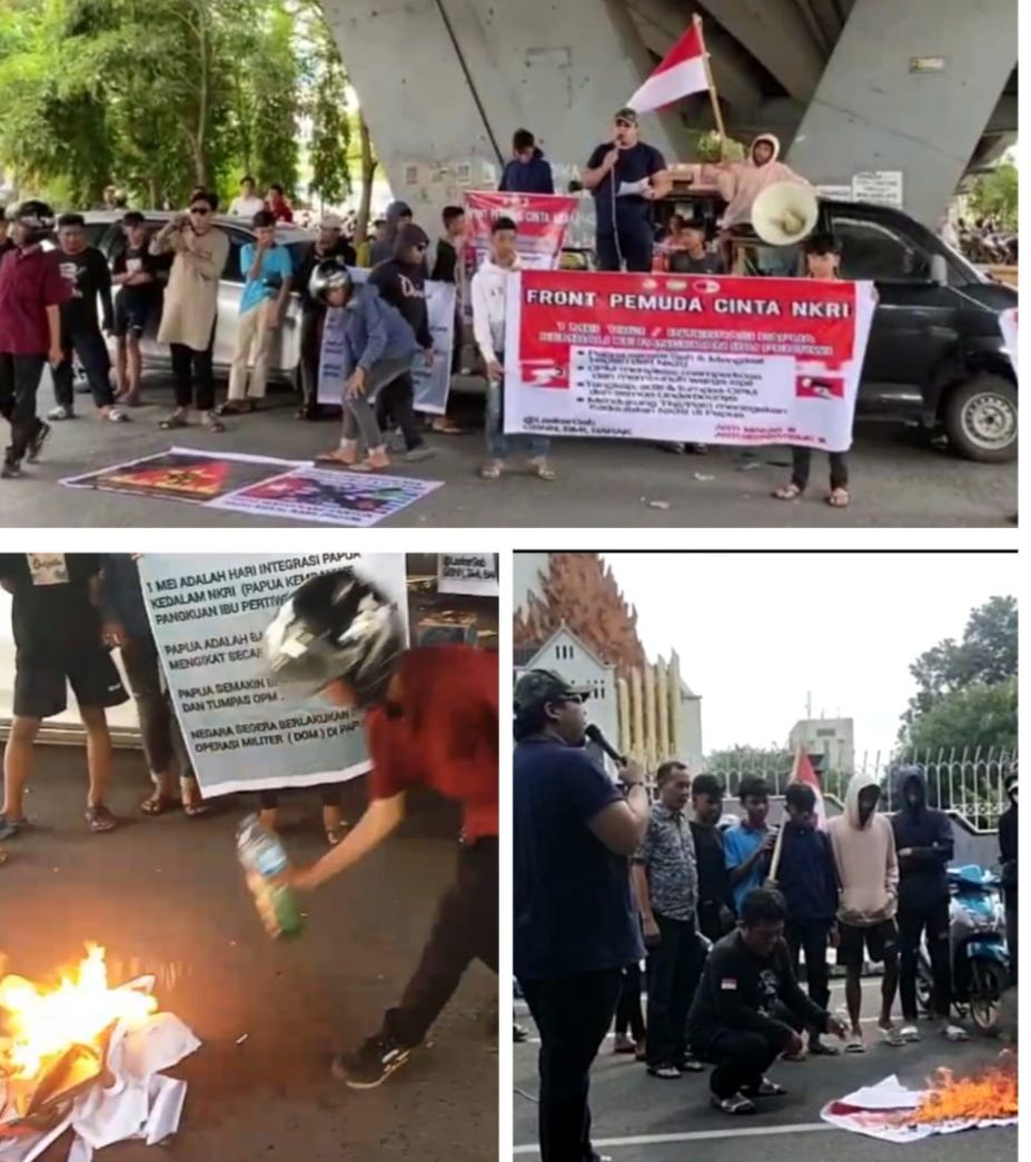 Aksi aktivis Front Pemuda Cinta NKRI membakar simbol-simbol OPM di Makassar, pada Rabu (1/5/2024).