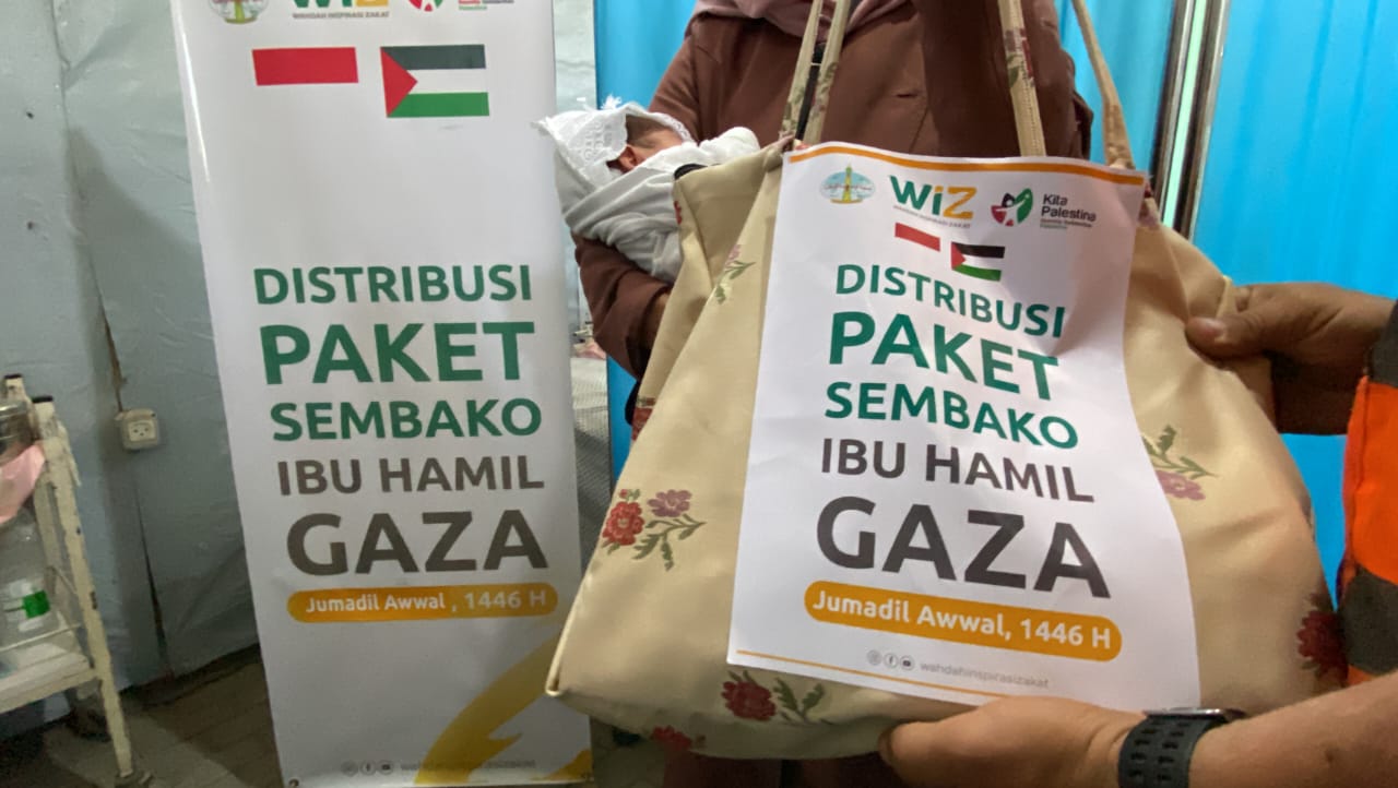 Paket bantuan sembako untuk ibu hamil didistribusikan oleh relawan WIZ di Gaza Utara.