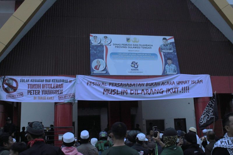 Aktivis ormas Islam Sulteng gelar aksi penolakan kegiatan Peter Youngren di Palu, pada Rabu (29/1/2025).