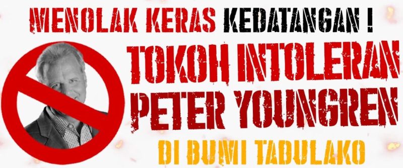 Salah satu poster penolakan ummat Islam Sulteng terhadap Peter Youngren yang tersebar. 