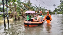 Tim SAR mengevakuasi warga Makassar yang rumahnya kebanjiran.